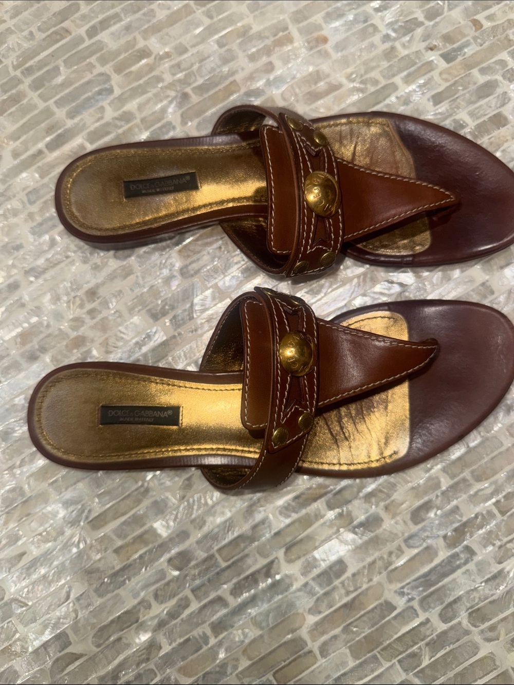 Dolce & Gabbana Brown Leather Thong Sandals with Gold Medallions - Picture 3 of 4